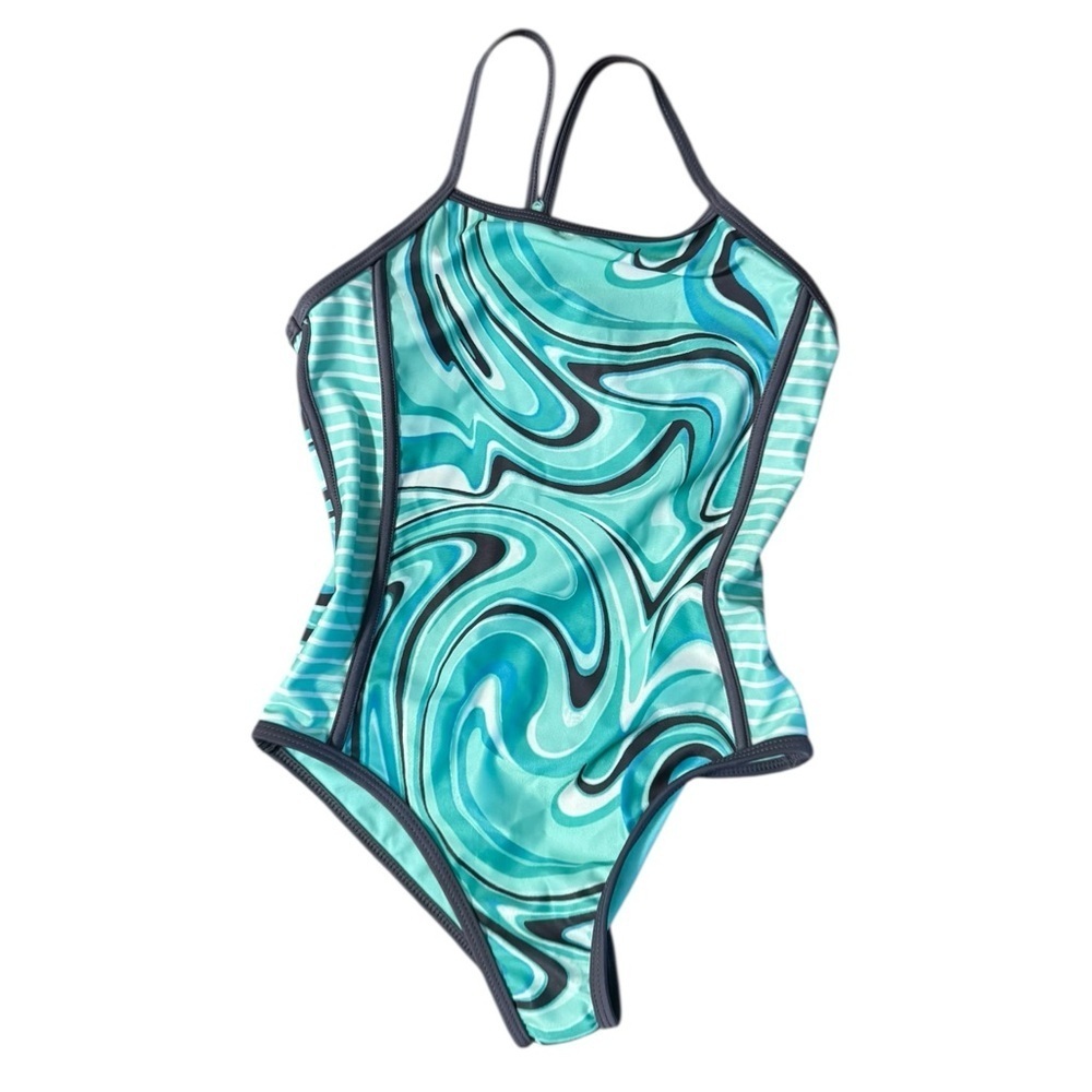 New Wonder Nation Girl's 1 Piece Swimsuit Swirl Green Size L 10-12 Summer NWT